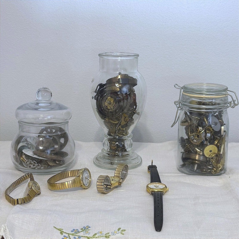 Vintage Watch Parts Lot Steampunk Gears Cogs Jars Timex Weathercraft Watches